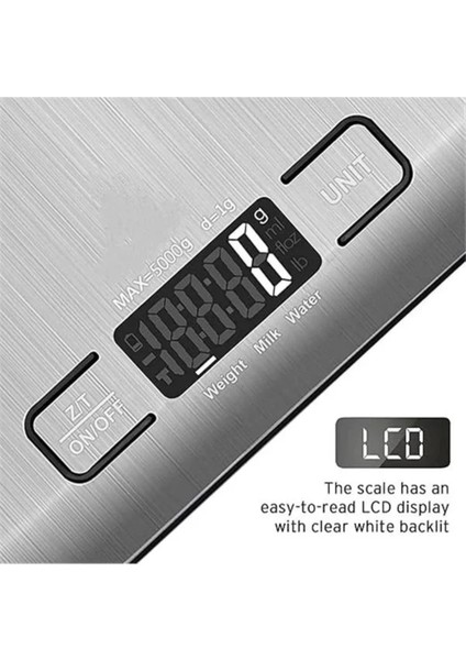 Paslanmaz Çelik Dijital Mutfak Terazisi, 5 kg Hassas Tartım, Çok Renkli