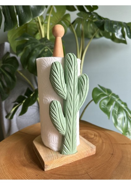 Yeşil Ahşap Kaktüs Desenli Peçetelik ve Rulo Havluluk Seti