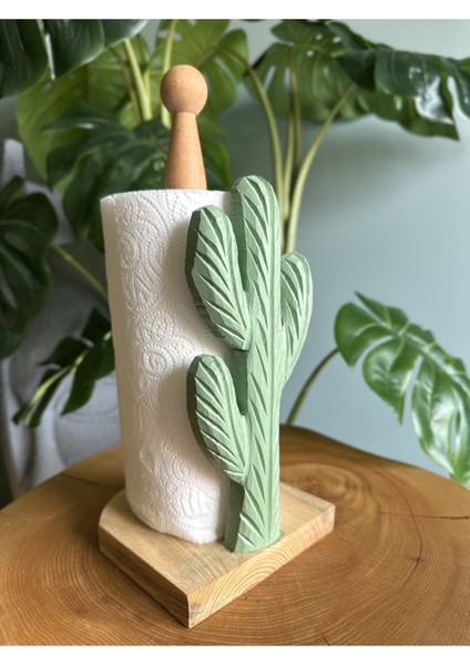 Yeşil Ahşap Kaktüs Desenli Peçetelik ve Rulo Havluluk Seti modelleri