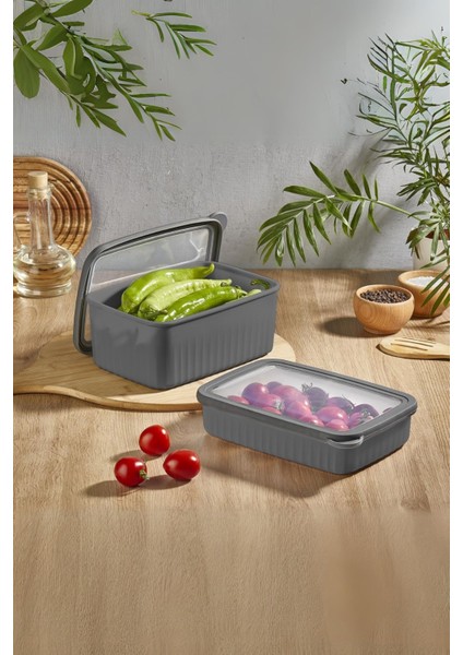 Vakumlu Dikdörtgen Saklama Kabı, Derin, Küçük, Gri, 1*2,7 L ve 2*1,5 L Set