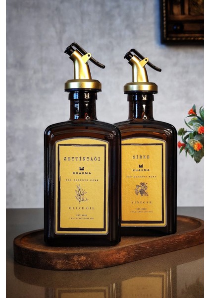 Şık Ahşap Stantlı Amber Gold Zeytinyağı ve Sirke Şişesi Çift Set