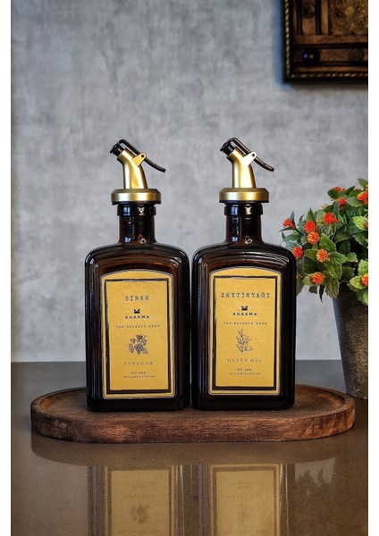 Şık Ahşap Stantlı Amber Gold Zeytinyağı ve Sirke Şişesi Çift Set modelleri