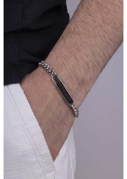Siyah Taşlı Gurmet Zincir Plaka Model Erkek Çelik Bileklik