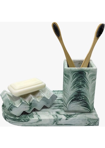 3'lü Mermer Desenli Görünümlü Banyo Seti Tuvalet Wc Sıvı Sabunluk Diş Fırçalığı Beton Aksesuar Takım