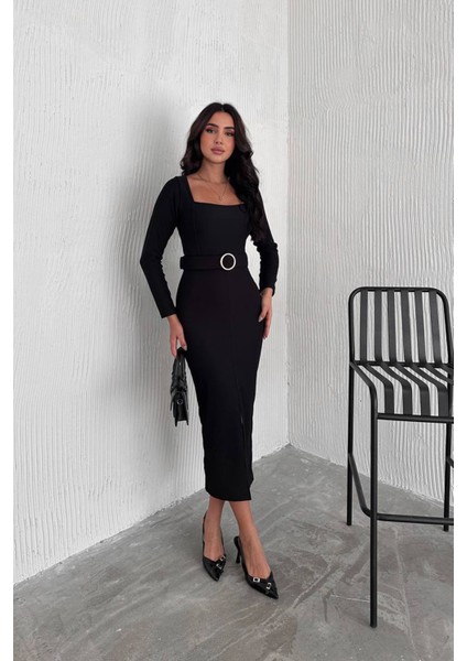 Kadın Kare Yaka Yırtmaç Detaylı Kemerli Midi Elbise NBK4317