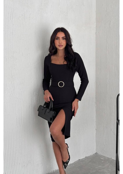 Kadın Kare Yaka Yırtmaç Detaylı Kemerli Midi Elbise NBK4317 fiyatları