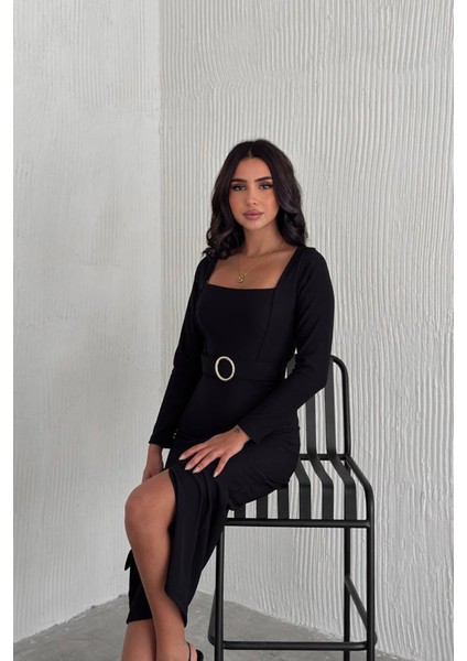 Kadın Kare Yaka Yırtmaç Detaylı Kemerli Midi Elbise NBK4317 modelleri