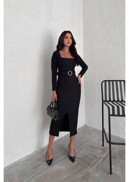 Kadın Kare Yaka Yırtmaç Detaylı Kemerli Midi Elbise NBK4317 fırsatları