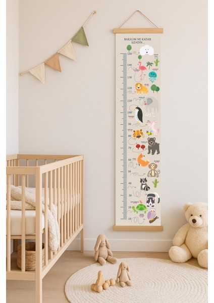 Hayvanlı Kanvas Boy Ölçer Cetvel – Ahşap Çıtalı, Asmaya Hazır (10–150 Cm)