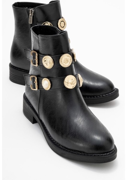 Çift Aksesuar Kemerli Bot Siyah Cilt