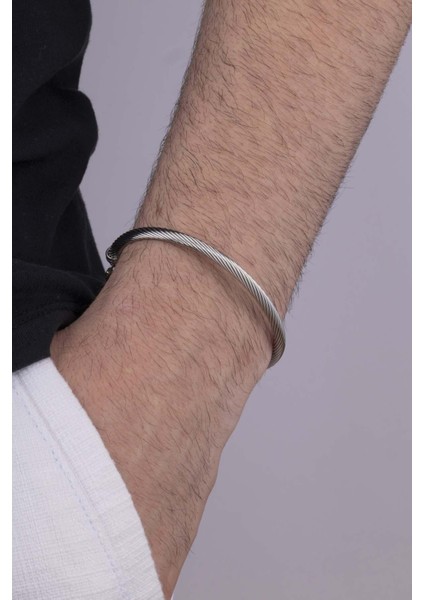 Örgü Model Beyaz Altın Kaplama Çelik Erkek Kelepçe Bileklik