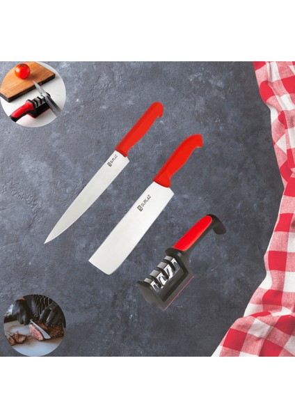 2 Adet Şef ve Mutfak Bıçağı + Profesyonel Bileme Aleti Seti | Paslanmaz Çelik Keskin Bıçaklar Hediyelik Set