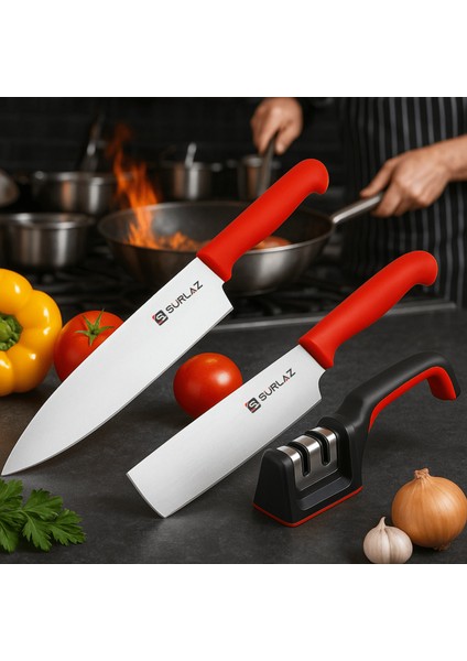 2 Adet Şef ve Mutfak Bıçağı + Profesyonel Bileme Aleti Seti | Paslanmaz Çelik Keskin Bıçaklar Hediyelik Set fiyatları
