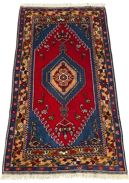 El Dokuma Sıfır Yahyalı Halısı 81X140 Kırmızı Mavi Kök Boya Yün Halı Kırmızı