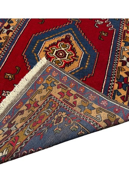 El Dokuma Sıfır Yahyalı Halısı 81X140 Kırmızı Mavi Kök Boya Yün Halı Kırmızı modelleri