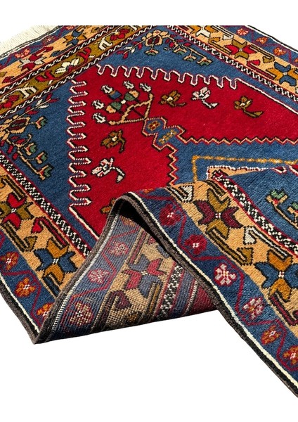 El Dokuma Sıfır Yahyalı Halısı 81X140 Kırmızı Mavi Kök Boya Yün Halı Kırmızı indirimleri