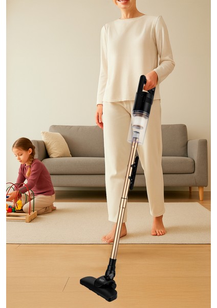 Dik Pratik Süpürge 500W, Hepa Filtre, Toz Hazneli, Çelik Boru, Gold Renk