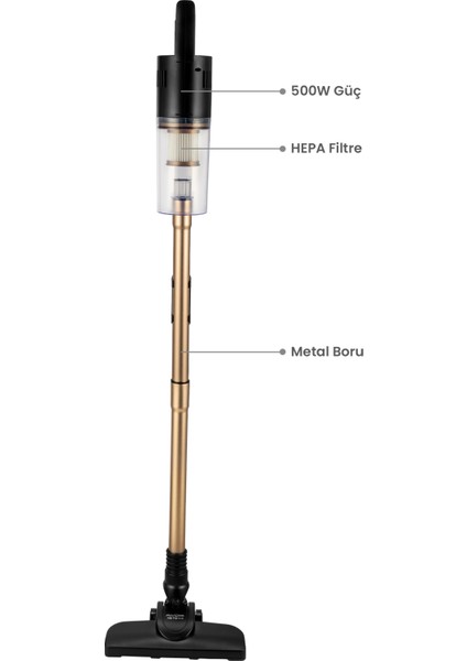 Dik Pratik Süpürge 500W, Hepa Filtre, Toz Hazneli, Çelik Boru, Gold Renk fiyatları