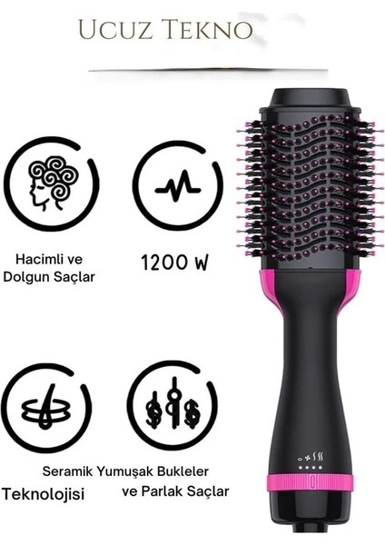 Yüksek Isılı 3 Kademeli Fırçalı Saç Düzleştirici Tarak, Garantili, Pembe