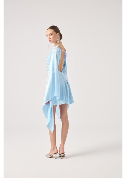 Sırtı Açık Ispanyol Kol Saten Halle Elbise Mavi