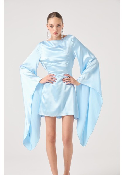 Sırtı Açık Ispanyol Kol Saten Halle Elbise Mavi fiyatları