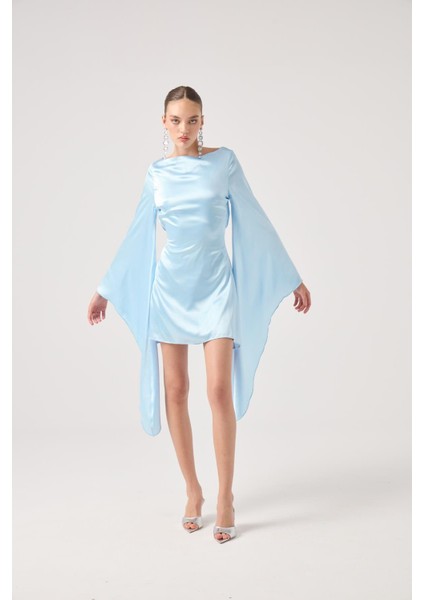 Sırtı Açık Ispanyol Kol Saten Halle Elbise Mavi modelleri