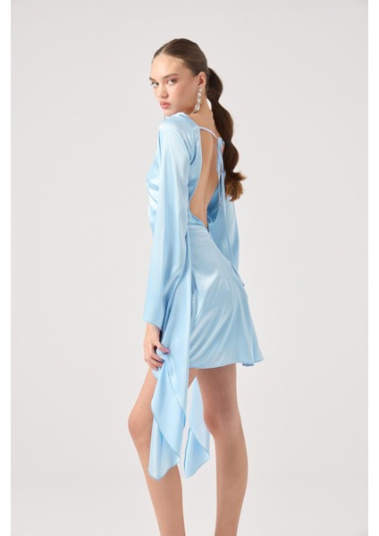 Sırtı Açık Ispanyol Kol Saten Halle Elbise Mavi fırsatları