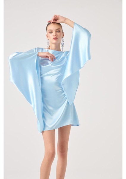 Sırtı Açık Ispanyol Kol Saten Halle Elbise Mavi indirimleri