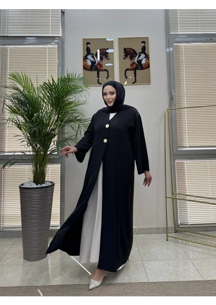 V Yaka Düğmeli Siyah Renk Abaya fırsatları