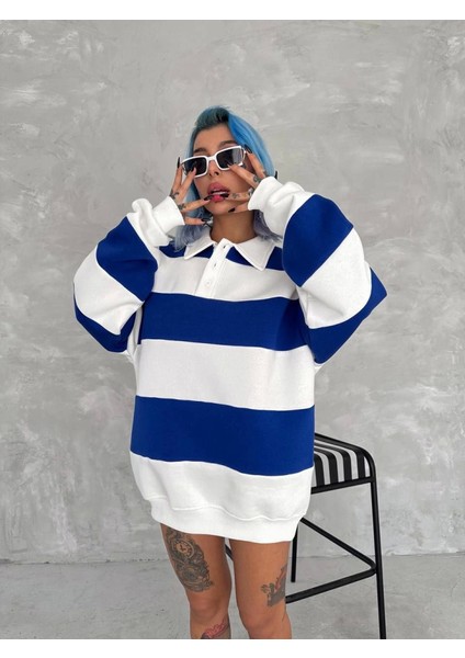 Unisex Üç Iplik Parçalı Yakalı Sweatshirt - Mavi fiyatları