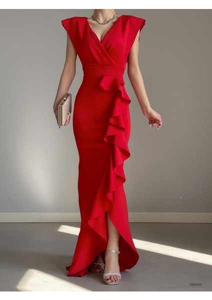 Kadın Kırmızı Krep Kumaş Kruvaze Yaka Eteği Volanlı Abiye Mezuniyet Nikah Elbise