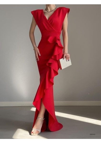 Kadın Kırmızı Krep Kumaş Kruvaze Yaka Eteği Volanlı Abiye Mezuniyet Nikah Elbise fiyatları