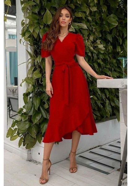 Kruvaze Yaka Kısa Kol Volanlı Kuşaklı Midi Boy Elbise Kırmızı 581811 fırsatları