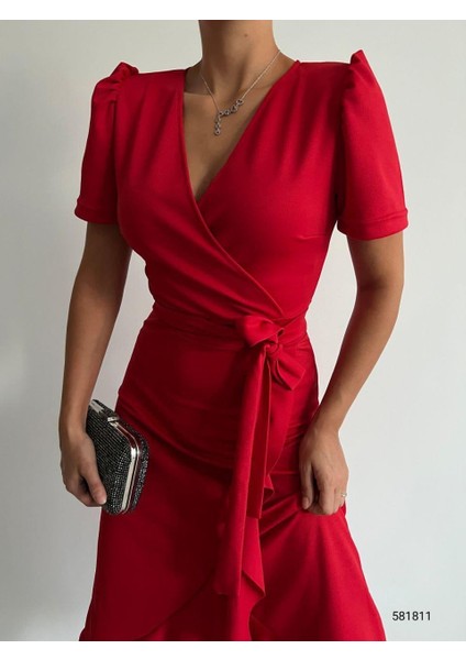 Kruvaze Yaka Kısa Kol Volanlı Kuşaklı Midi Boy Elbise Kırmızı 581811 indirimleri