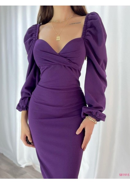 Kruvaze Yaka Balon Kol Ithal Krep Kumaş Midi Boy Elbise fiyatları