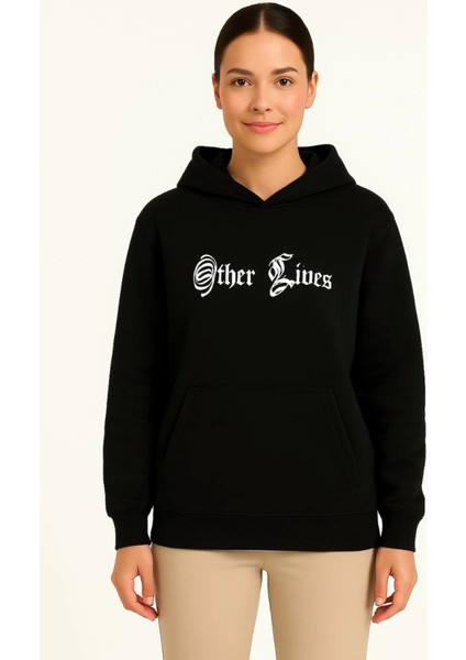 Üç Iplik Kapşonlu Ön ve Arka Baskılı Sweatshirt Hoodie- Siyah modelleri