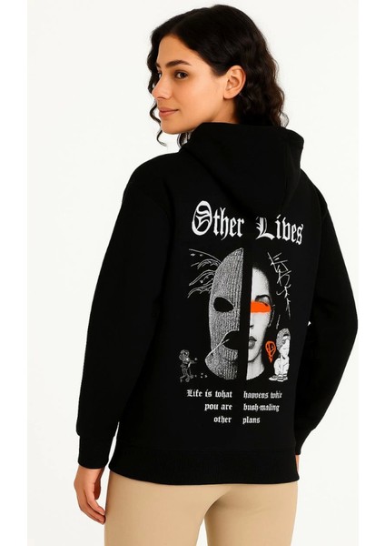 Üç Iplik Kapşonlu Ön ve Arka Baskılı Sweatshirt Hoodie- Siyah fırsatları