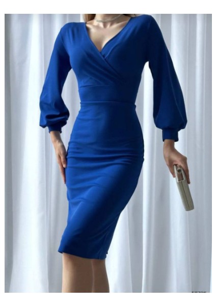 Kruvaze Yaka Uzun Kollu Ithal Krep Kumaş Midi Boy Abiye Elbise