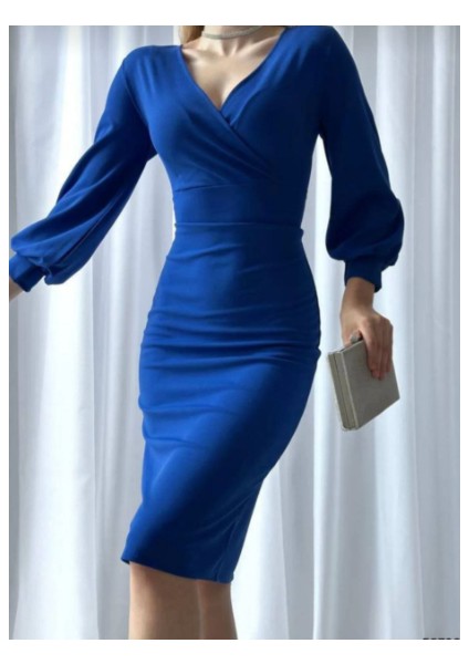 Kruvaze Yaka Uzun Kollu Ithal Krep Kumaş Midi Boy Abiye Elbise fiyatları