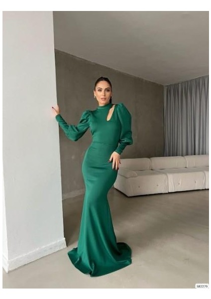 Bisiklet Yaka Balon Uzun Kollu Göğüs Detay Ithal Scuba Kumaş Maxi Boy Abiye Elbise