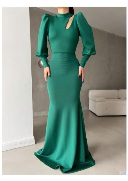 Bisiklet Yaka Balon Uzun Kollu Göğüs Detay Ithal Scuba Kumaş Maxi Boy Abiye Elbise fiyatları