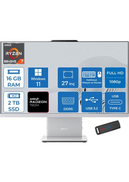 Ideacentre Aıo 27ARR9 Amd Ryzen 7 8845HS 16GB Ddr5 2tb SSD Windows 11 Home Radeon 780M 27 Inç Fhd (1920X1080) IPS 300NITS Bulut Gri All In One Bilgisayar ICF0HQ007MTRH04 + Zetta Flash Bellek