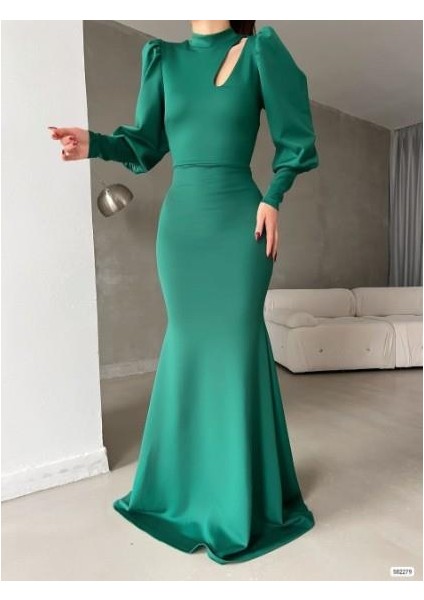 Bisiklet Yaka Balon Uzun Kollu Göğüs Detay Ithal Scuba Kumaş Maxi Boy Abiye Elbise modelleri