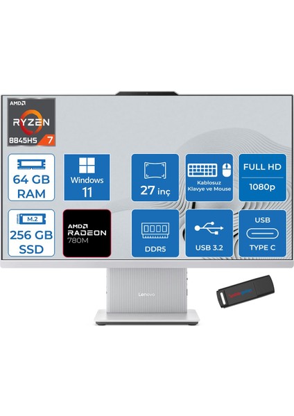 Ideacentre Aıo 27ARR9 Amd Ryzen 7 8845HS 64GB Ddr5 256GB SSD Windows 11 Pro Radeon 780M 27 Inç Fhd (1920X1080) IPS 300NITS Bulut Gri All In One Bilgisayar ICF0HQ007MTRP26 + Zetta Flash Bellek
