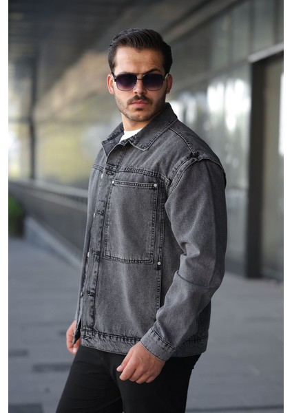 Erkek Regular Fit Retro Kare Cep Düğmeli Antrasit Ceket