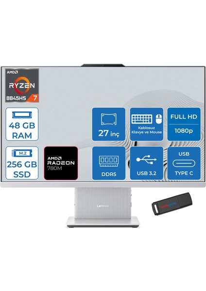 Ideacentre Aıo 27ARR9 Amd Ryzen 7 8845HS 48GB Ddr5 256GB SSD Freedos Radeon 780M 27 Inç Fhd (1920X1080) IPS 300NITS Bulut Gri All In One Bilgisayar ICF0HQ007MTRF21 + Zetta Flash Bellek