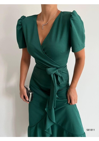 Kruvaze Yaka Kısa Kol Volanlı Kuşaklı Midi Boy Elbise Zümrüt 581811 indirimleri