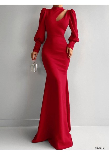 Bisiklet Yaka Balon Uzun Kollu Göğüs Detay Ithal Scuba Kumaş Maxi Boy Abiye Elbise