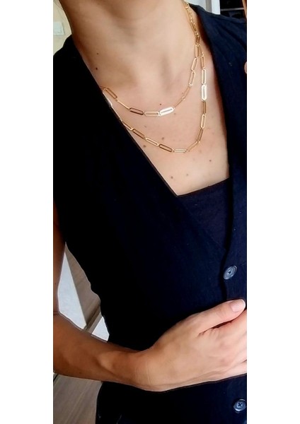 Premium Paslanmaz Çelik 14K Altın Kaplama Ataç Zincir (90 Cm)