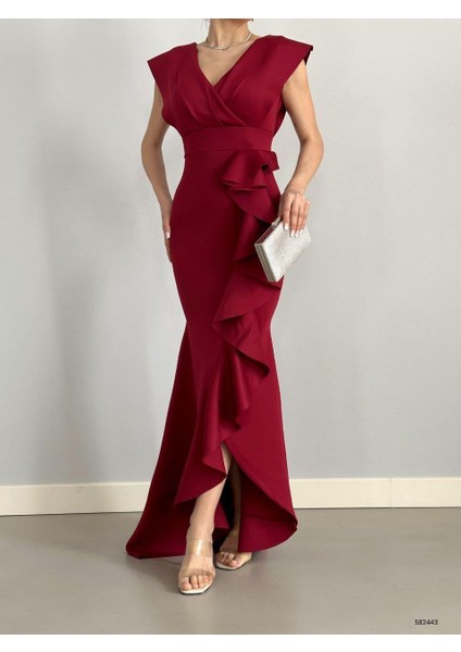 Kadın Bordo Krep Kumaş Kruvaze Yaka Eteği Volanlı Abiye Mezuniyet Nikah Elbise